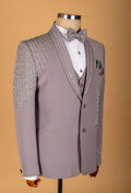 Taupe Embellished Three-Piece Suit with Beaded Detailing and Bow Tie