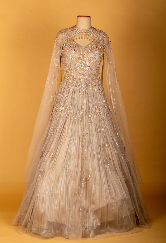 Champagne Gold Embellished Gown with Cape