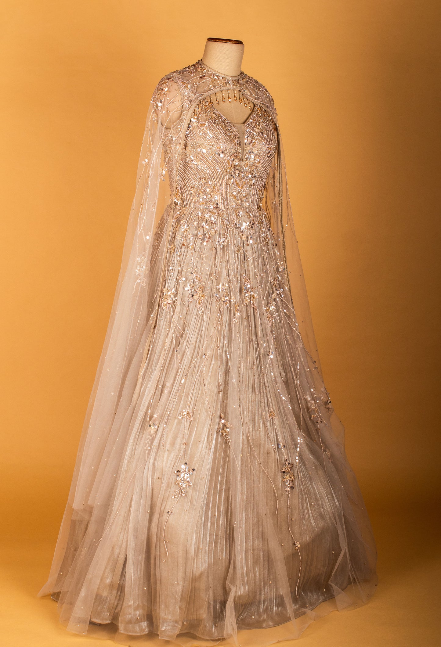 Champagne Gold Embellished Gown with Cape