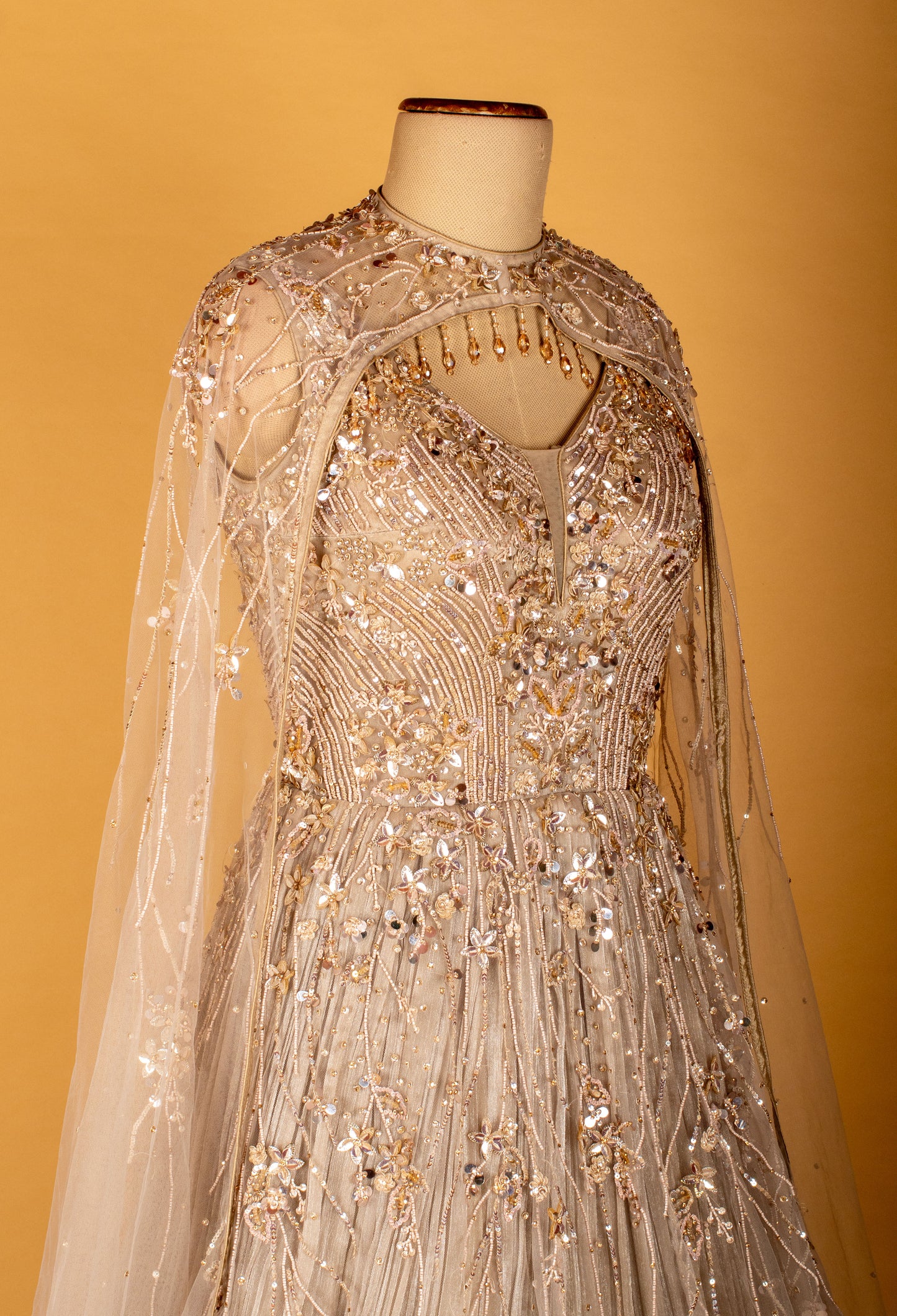 Champagne Gold Embellished Gown with Cape