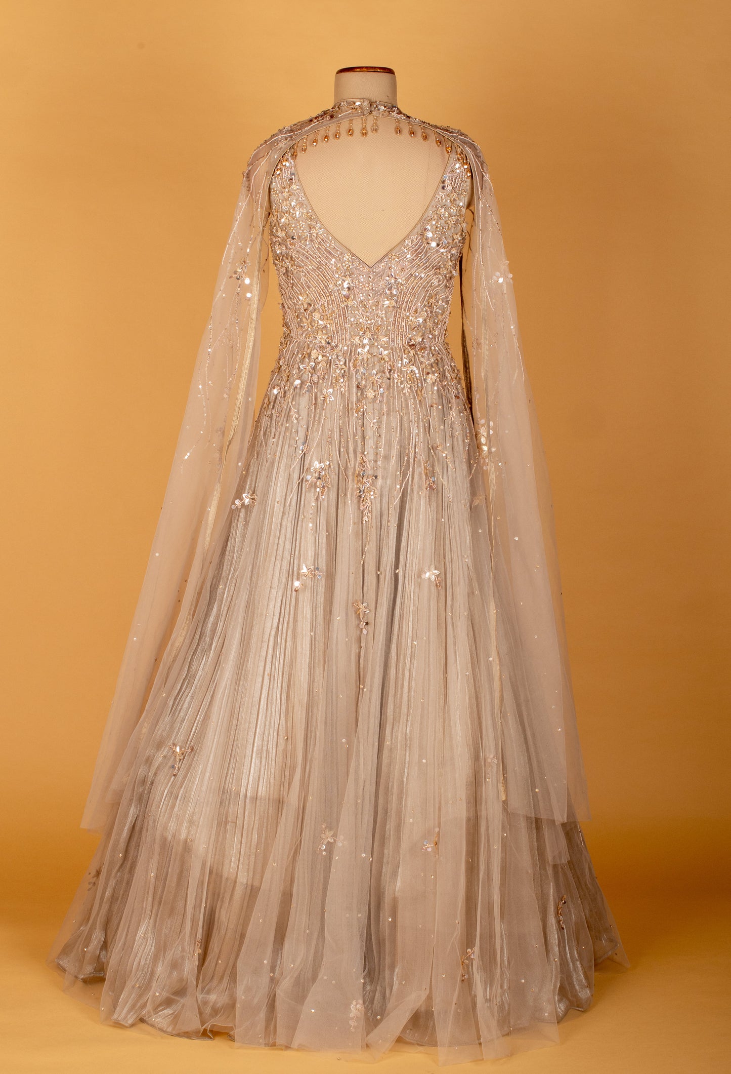 Champagne Gold Embellished Gown with Cape