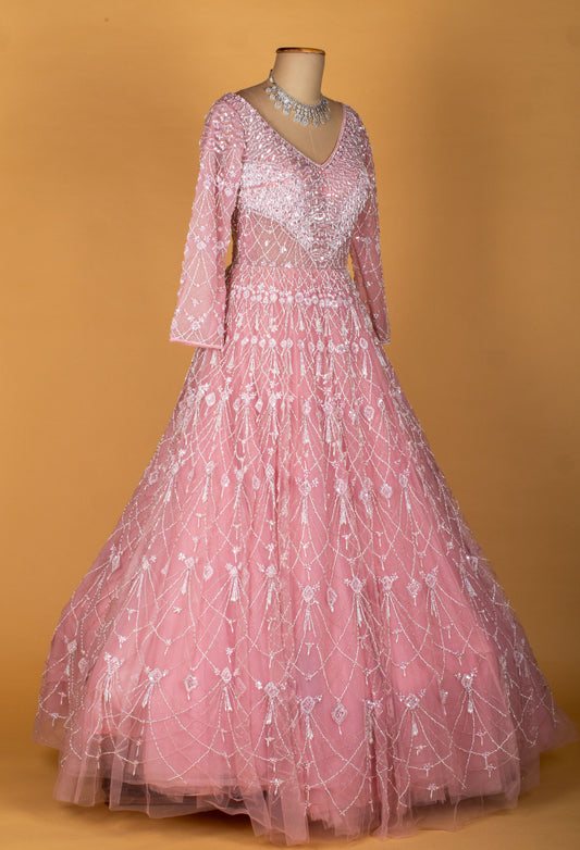 Blush pink hand-embellished net gown with crystal detailing – product image 2