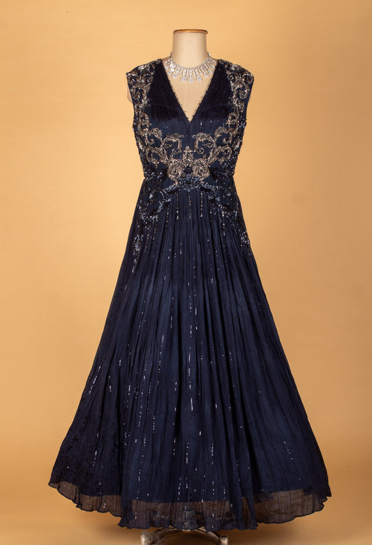 Navy Blue Sequin Embellished Gown