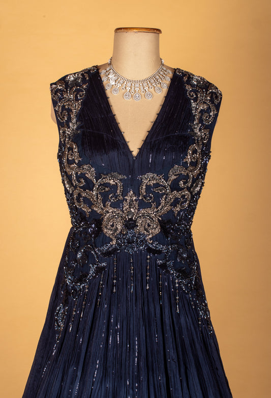 Navy blue sequin embellished flared gown – product image 2