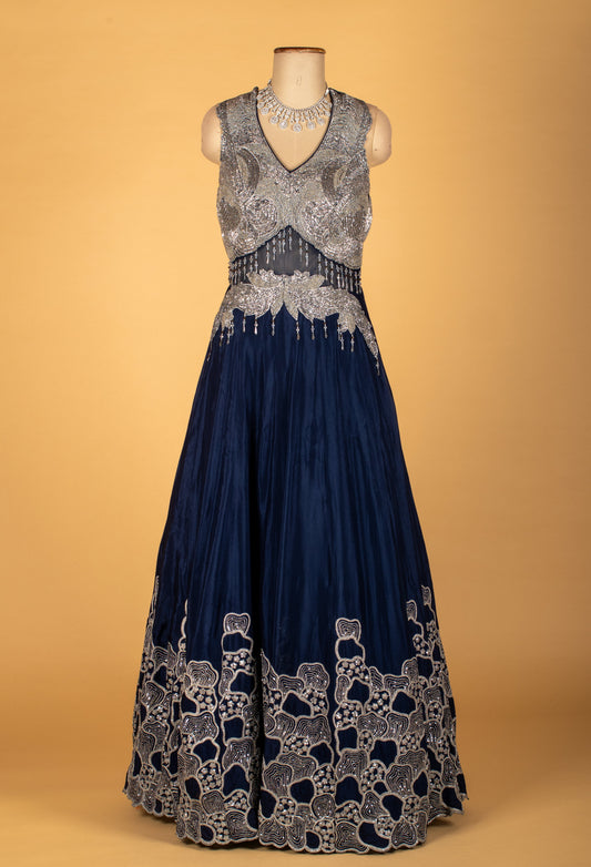 Midnight Navy Embellished Gown with Silver Detailing