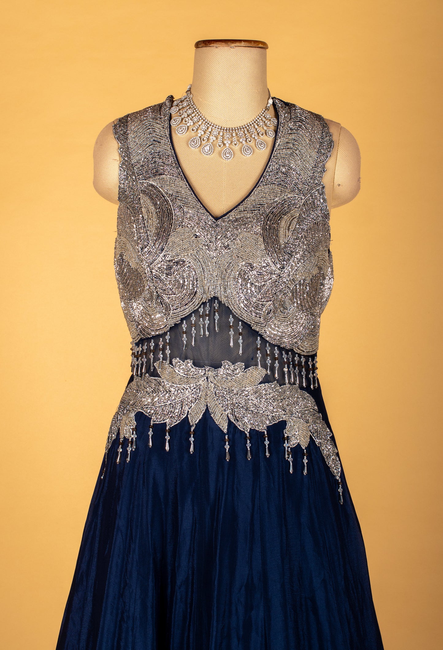 Midnight Navy Embellished Gown with Silver Detailing