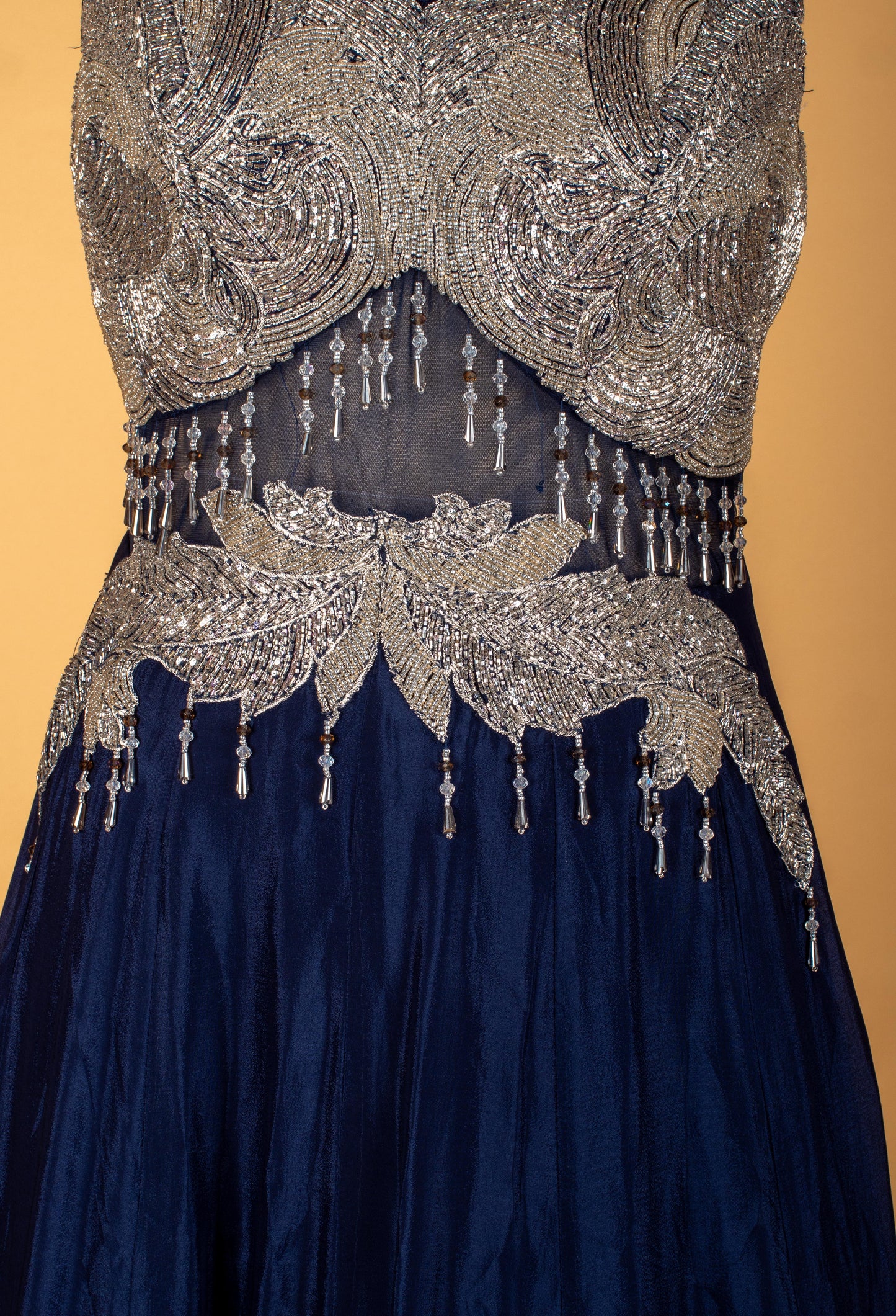 Midnight Navy Embellished Gown with Silver Detailing