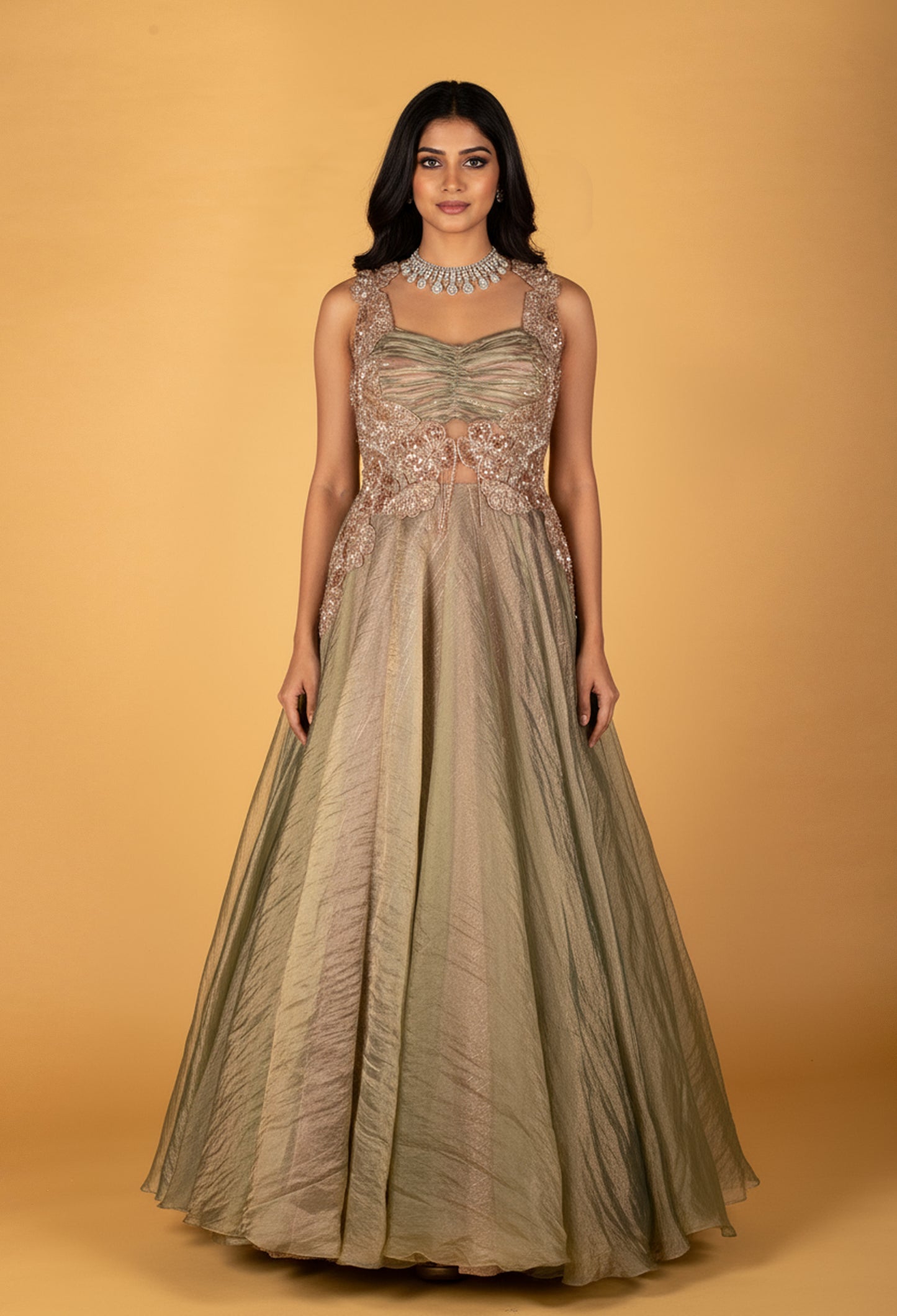 Sage Green Ruched Bodice Embellished Gown