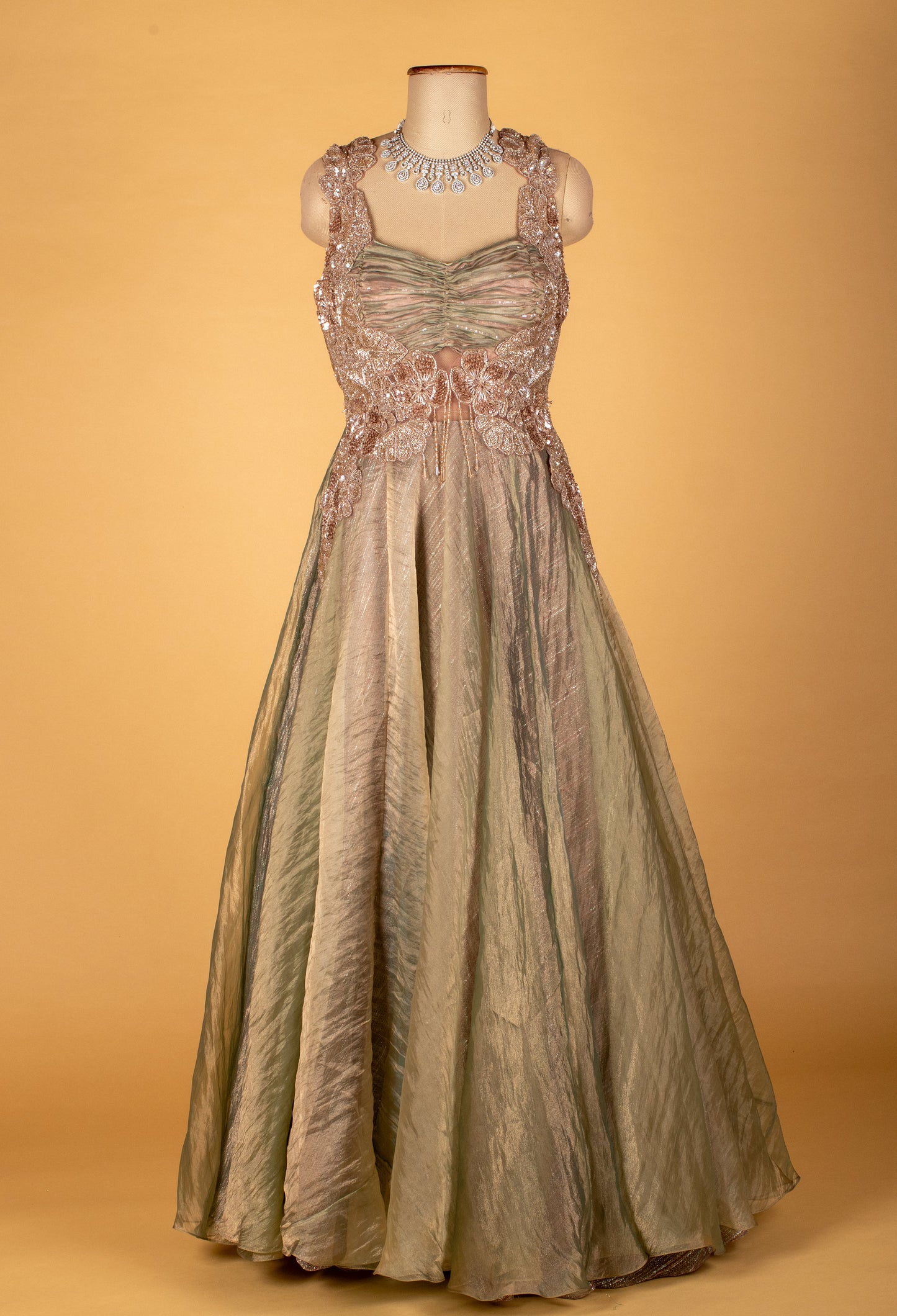 Sage Green Ruched Bodice Embellished Gown