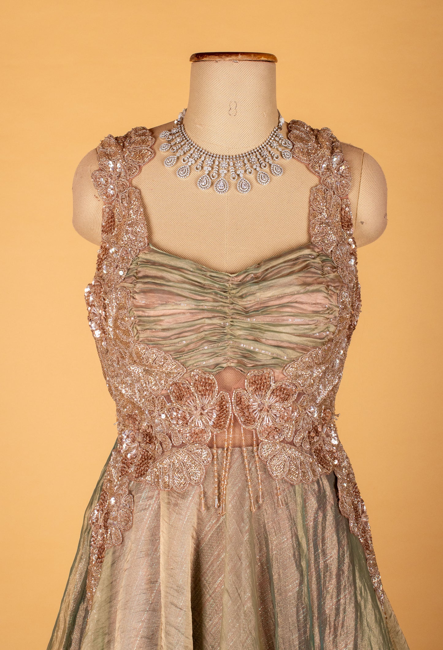 Sage Green Ruched Bodice Embellished Gown