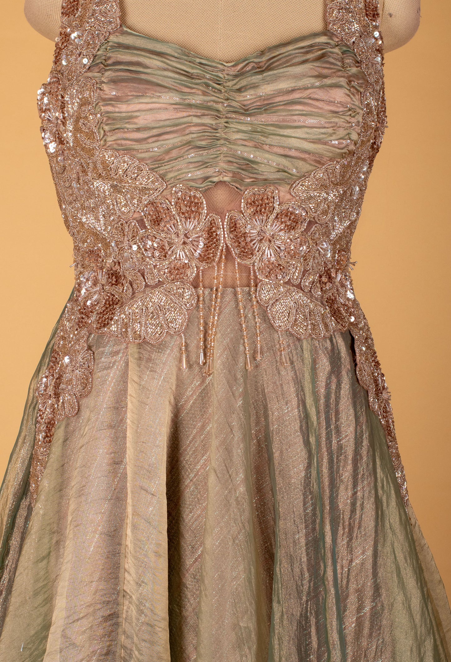 Sage Green Ruched Bodice Embellished Gown
