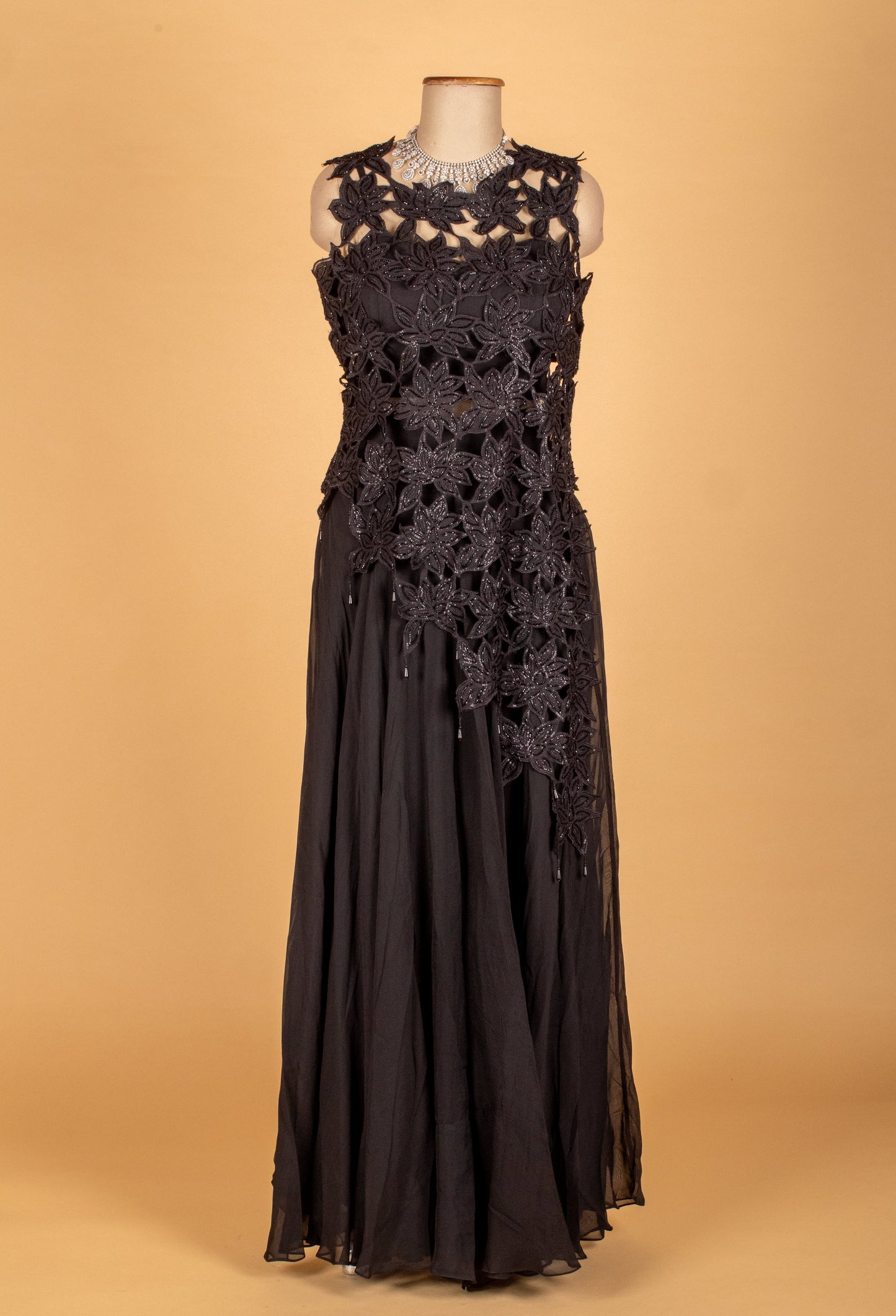 Black 3D Floral Appliqué Gown