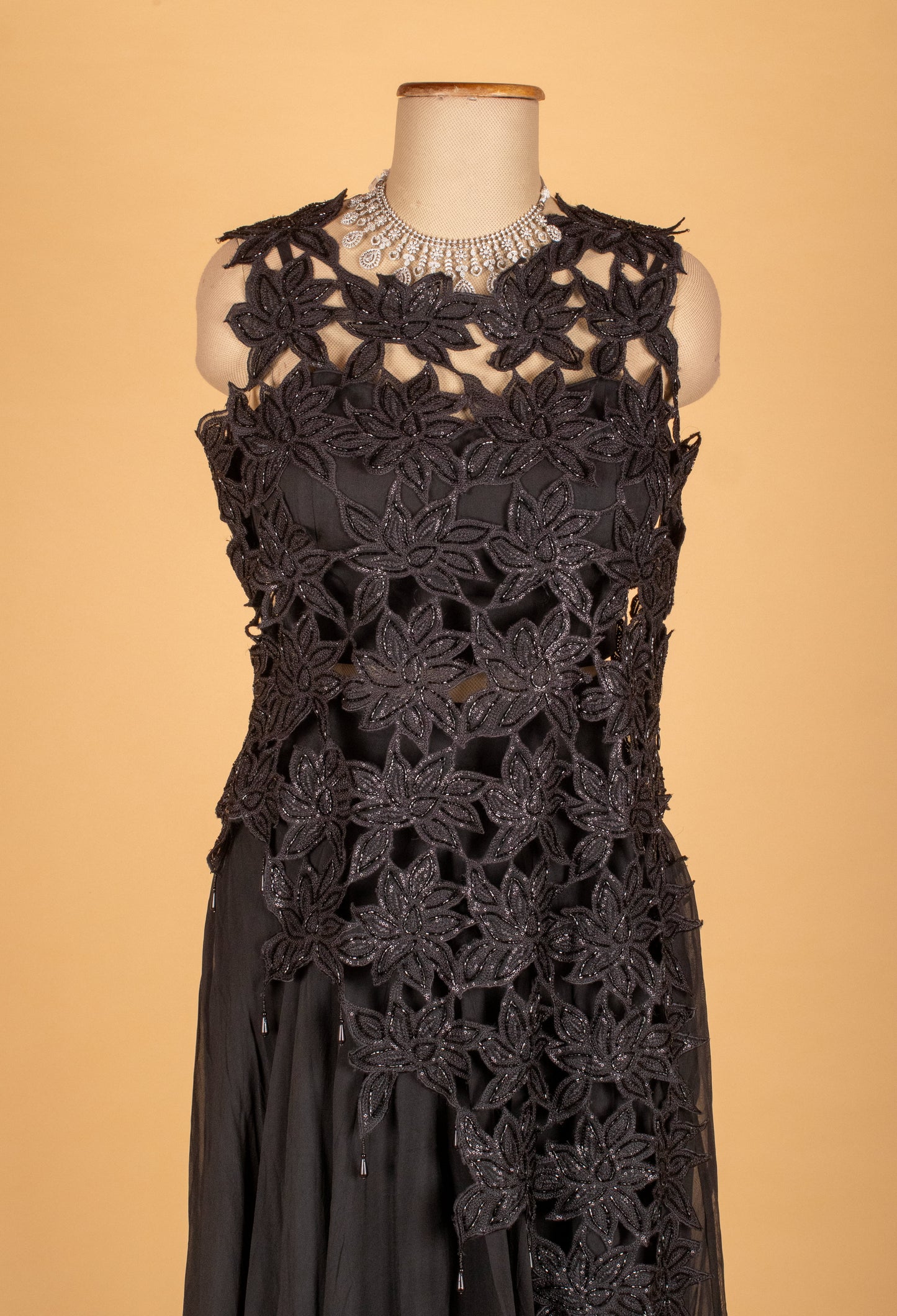 Black 3D Floral Appliqué Gown