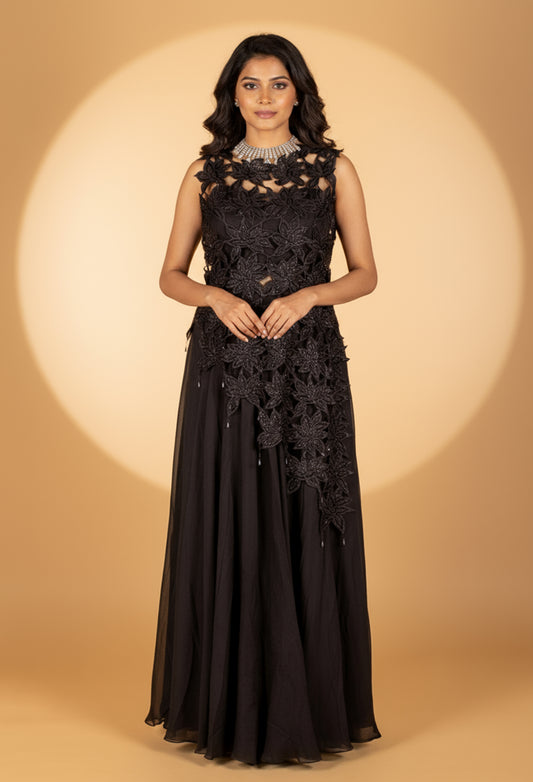 Black 3D Floral Appliqué Straight Cut