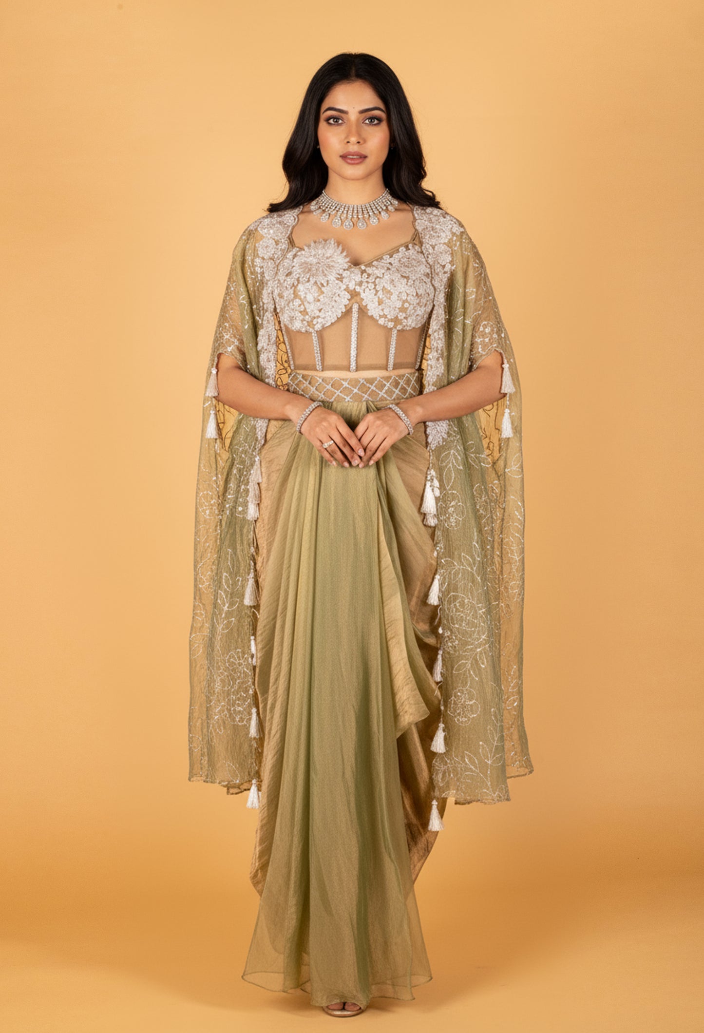 Sage Green Embroidered Drape Set with Bustier and Cape