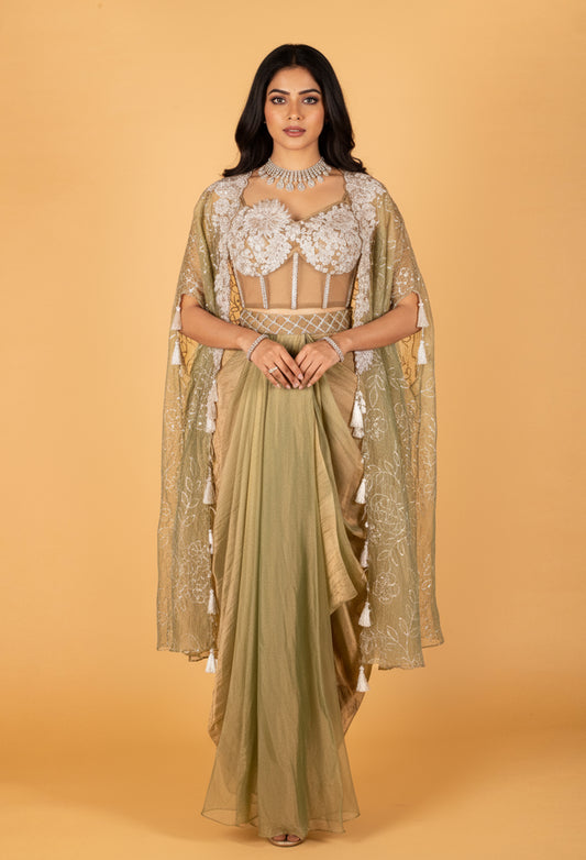 Sage Green Embroidered Drape Set with Bustier and Cape