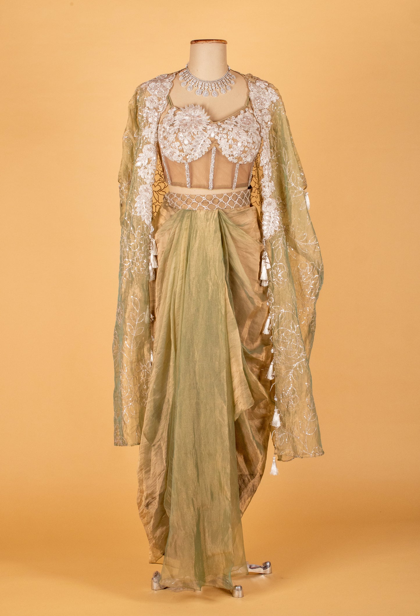 Sage Green Embroidered Drape Set with Bustier and Cape