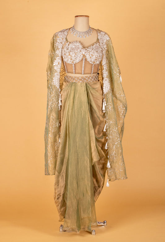 Sage Green Embroidered Drape Set with Bustier and Cape