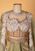 Sage Green Embroidered Drape Set with Bustier and Cape