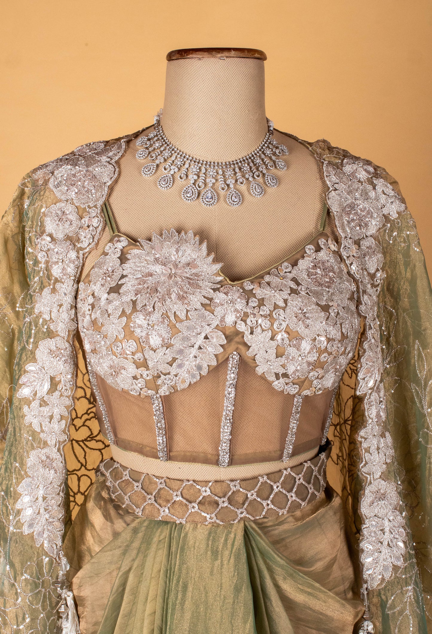 Sage Green Embroidered Drape Set with Bustier and Cape