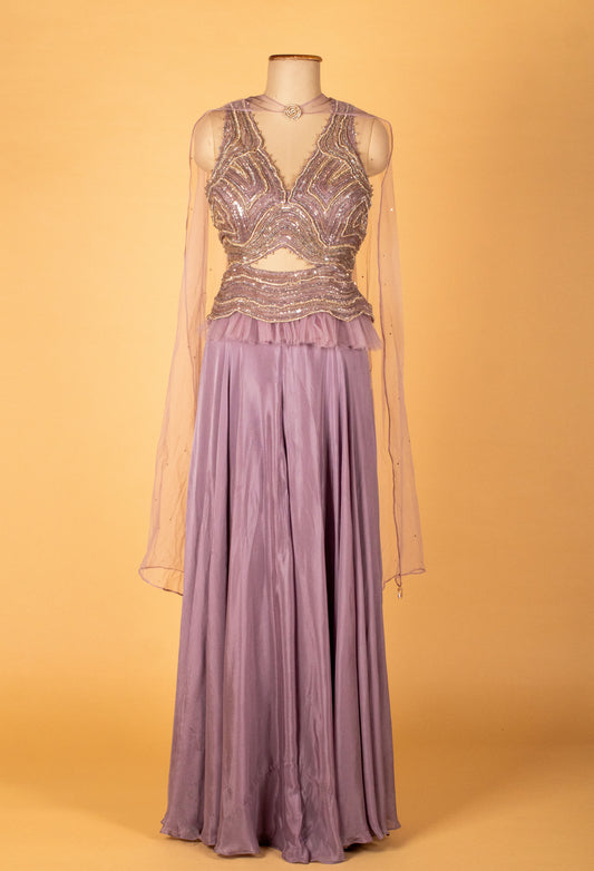 Lavender Embellished Crop Top and Palazzo Set with Cape