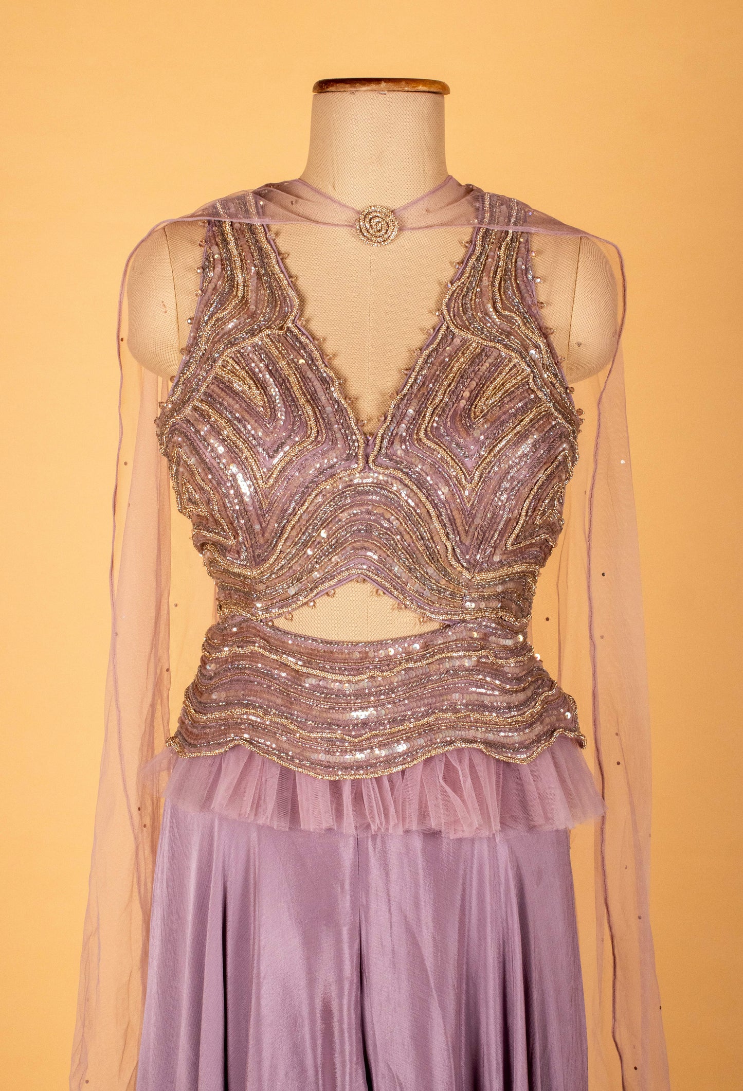 Lavender Embellished Crop Top and Palazzo Set with Cape