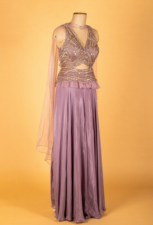 Lavender embellished crop top and palazzo set with cape – product image 2