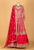 Crimson Red Embroidered Crop Top Lehenga Set with Sequin Dupatta by Asma