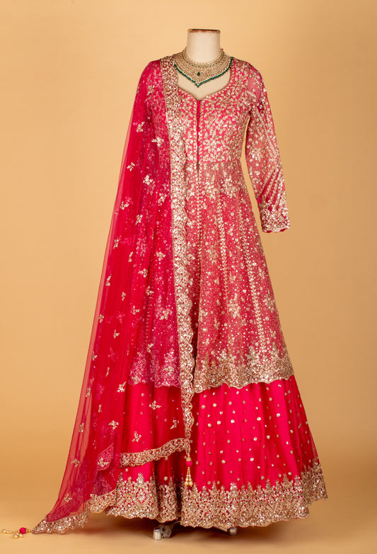 Crimson Red Embroidered Crop Top Lehenga Set with Sequin Dupatta by Asma