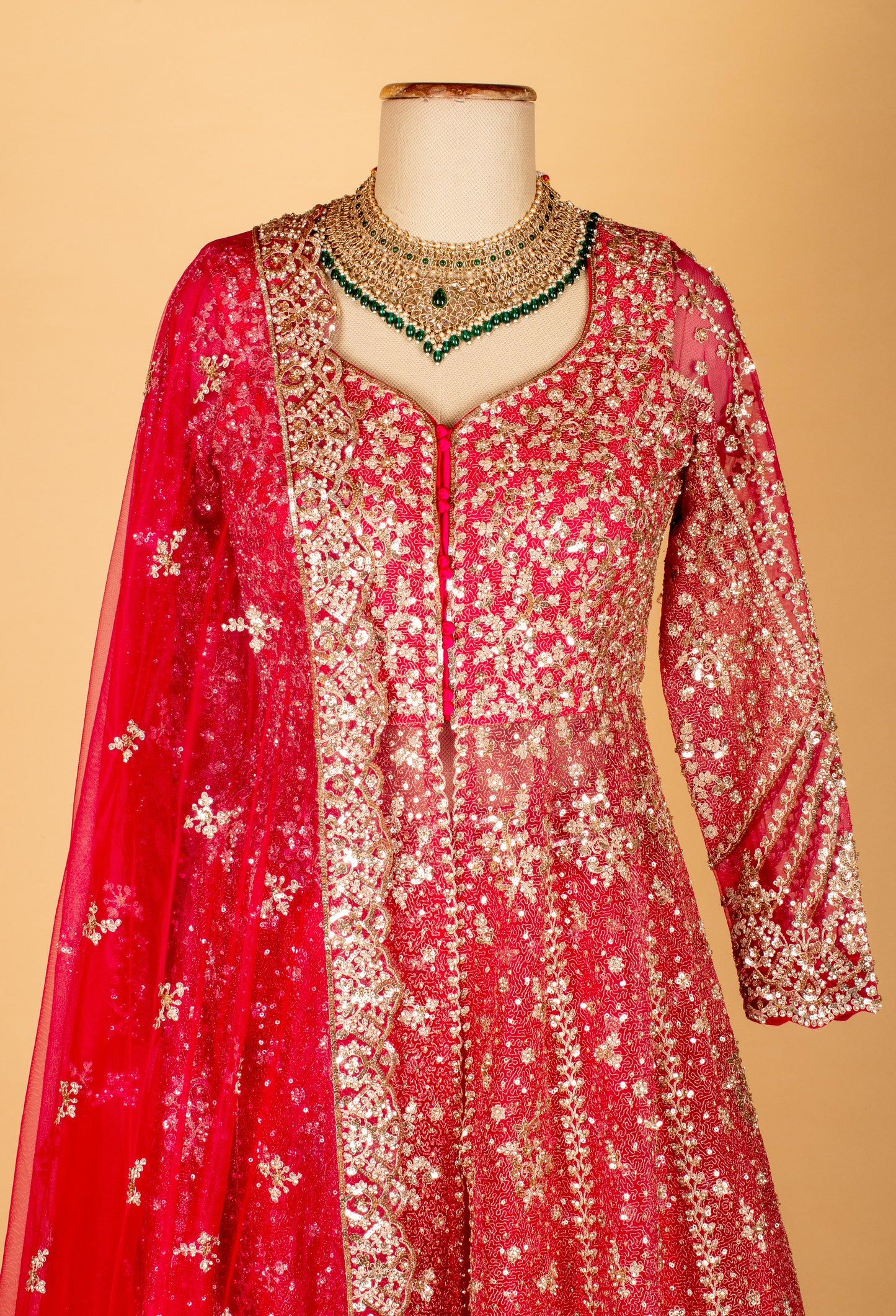 Crimson Red Embroidered Crop Top Lehenga Set with Sequin Dupatta by Asma