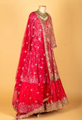 Crimson Red Embroidered Crop Top Lehenga Set with Sequin Dupatta by Asma