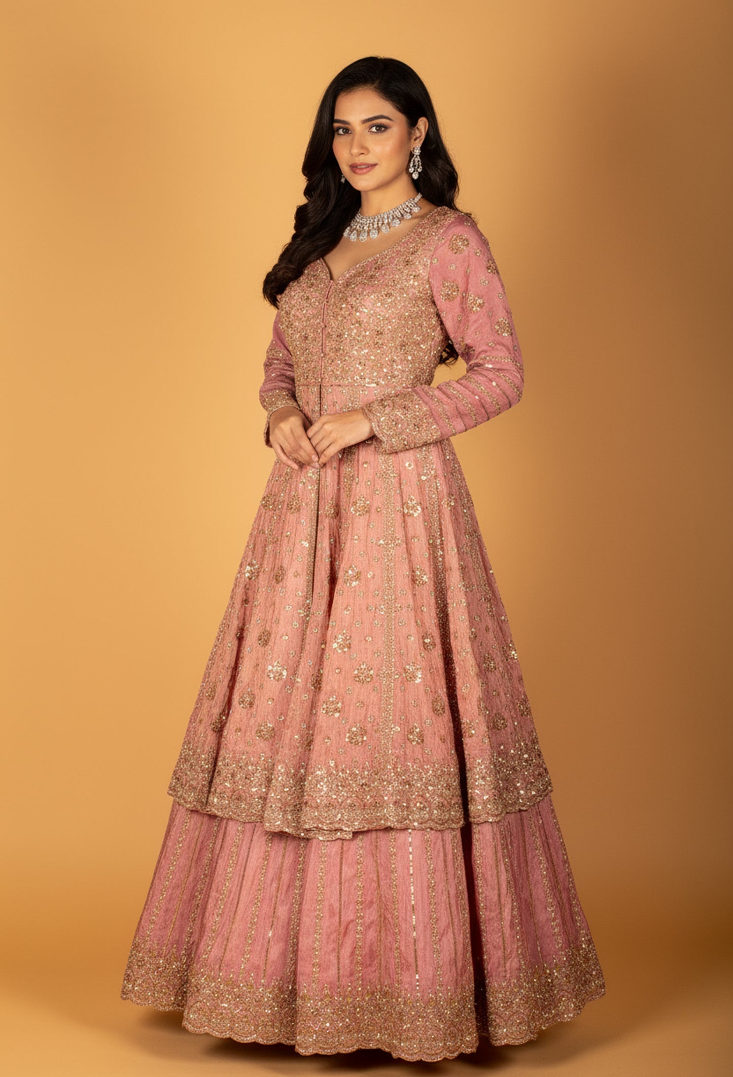 Blush Pink Embroidered Crop Top Lehenga Set with Sequin Dupatta