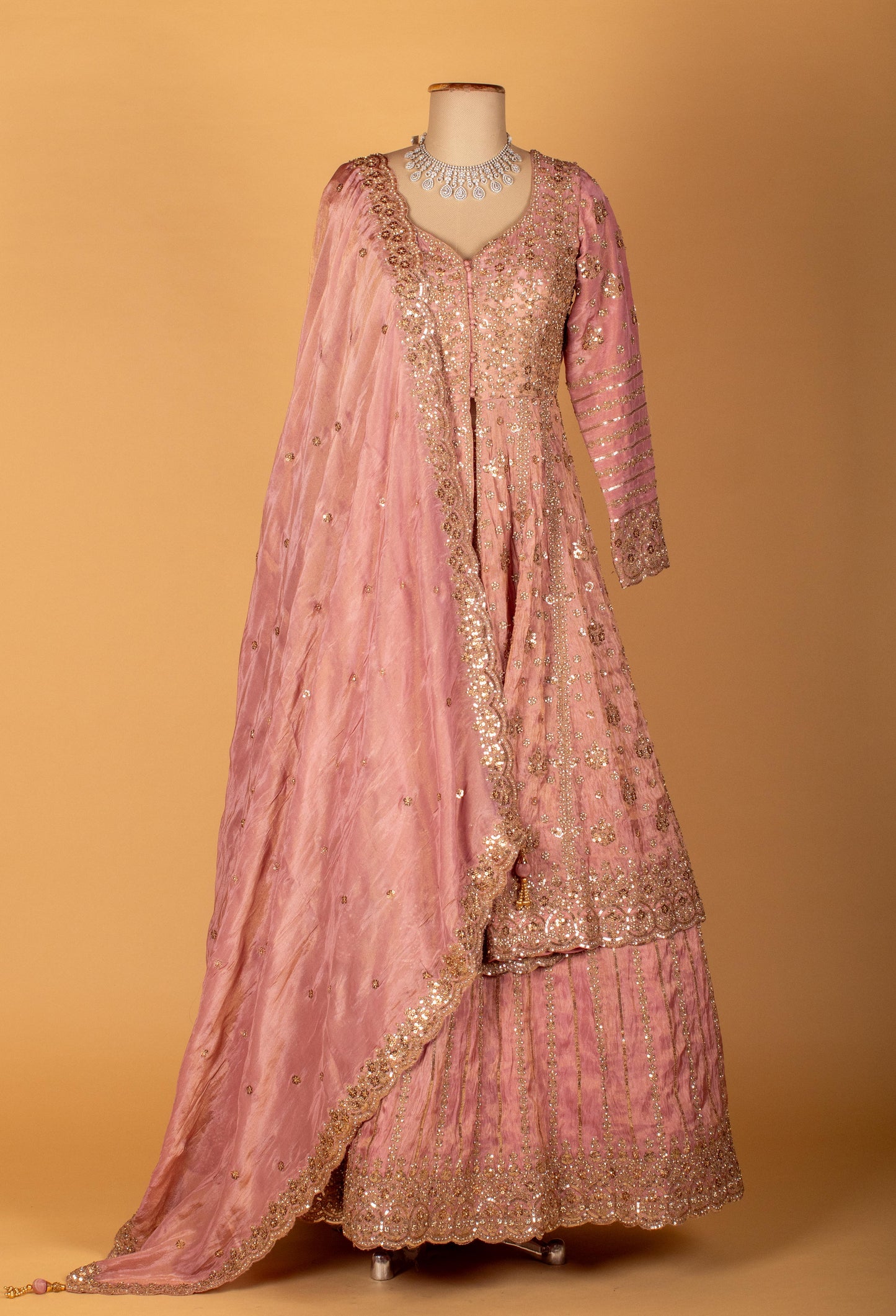 Blush Pink Embroidered Crop Top Lehenga Set with Sequin Dupatta