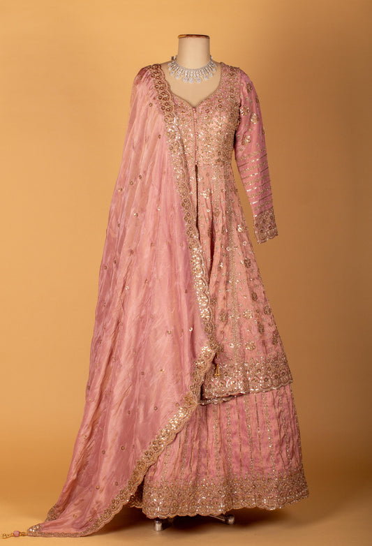 Blush Pink Embroidered Crop Top Lehenga Set with Sequin Dupatta