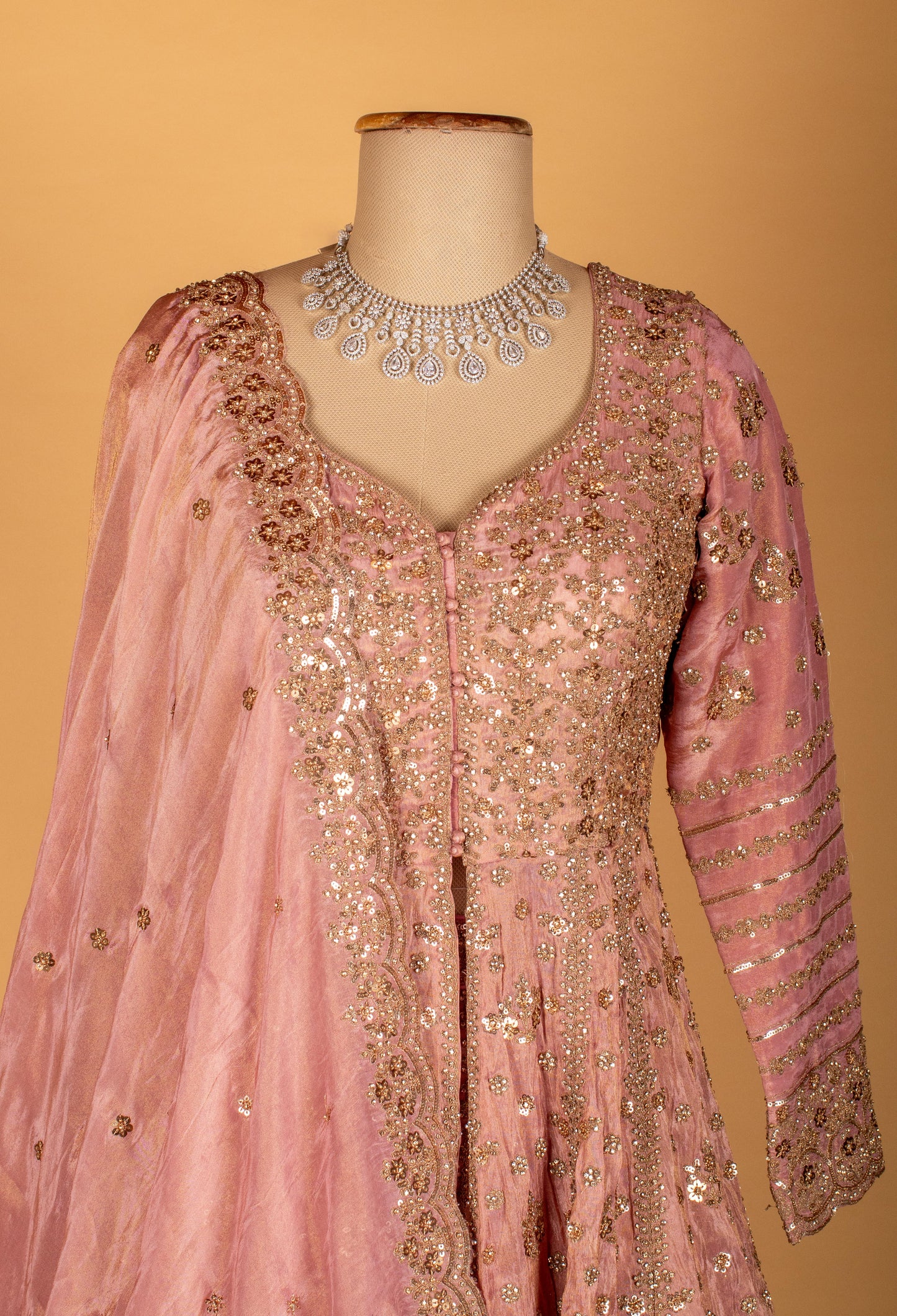 Blush Pink Embroidered Crop Top Lehenga Set with Sequin Dupatta