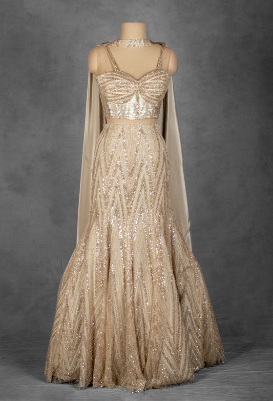 Champagne Gold Sequin Embellished Lehenga Set with Cape Dupatta
