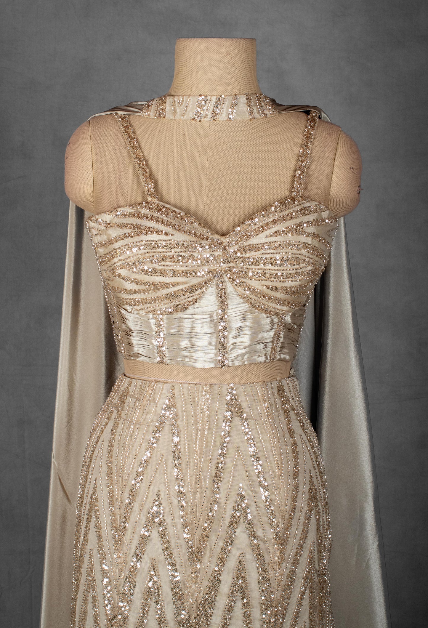 Champagne Gold Sequin Embellished Lehenga Set with Cape Dupatta