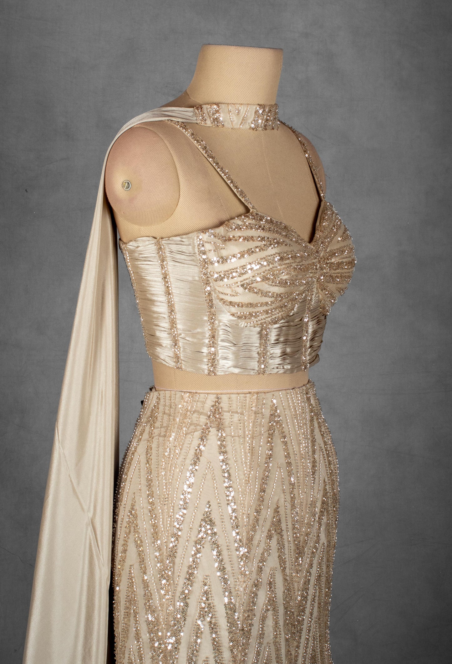 Champagne Gold Sequin Embellished Lehenga Set with Cape Dupatta