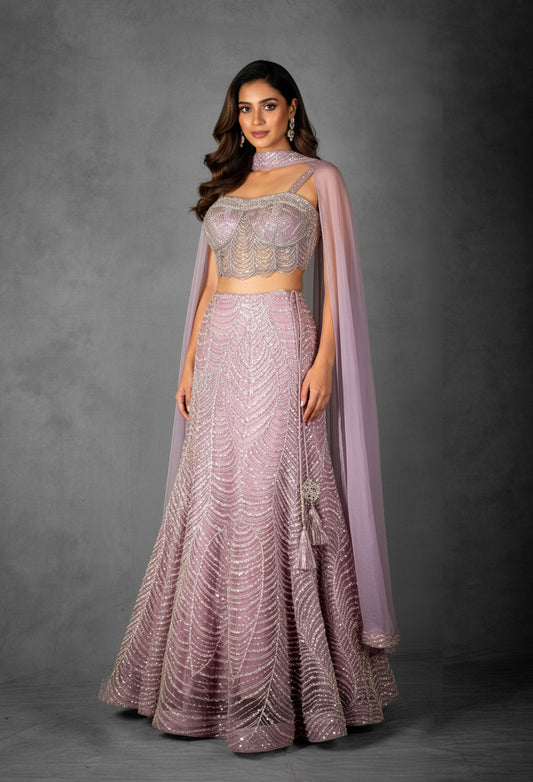 Lavender sequin embellished lehenga set with cape dupatta – product image 2