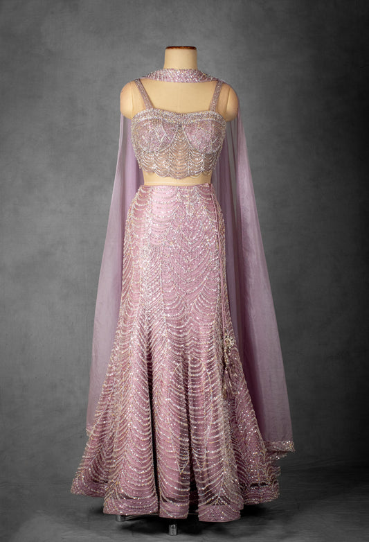 Lavender Sequin Embellished Lehenga Set with Cape Dupatta