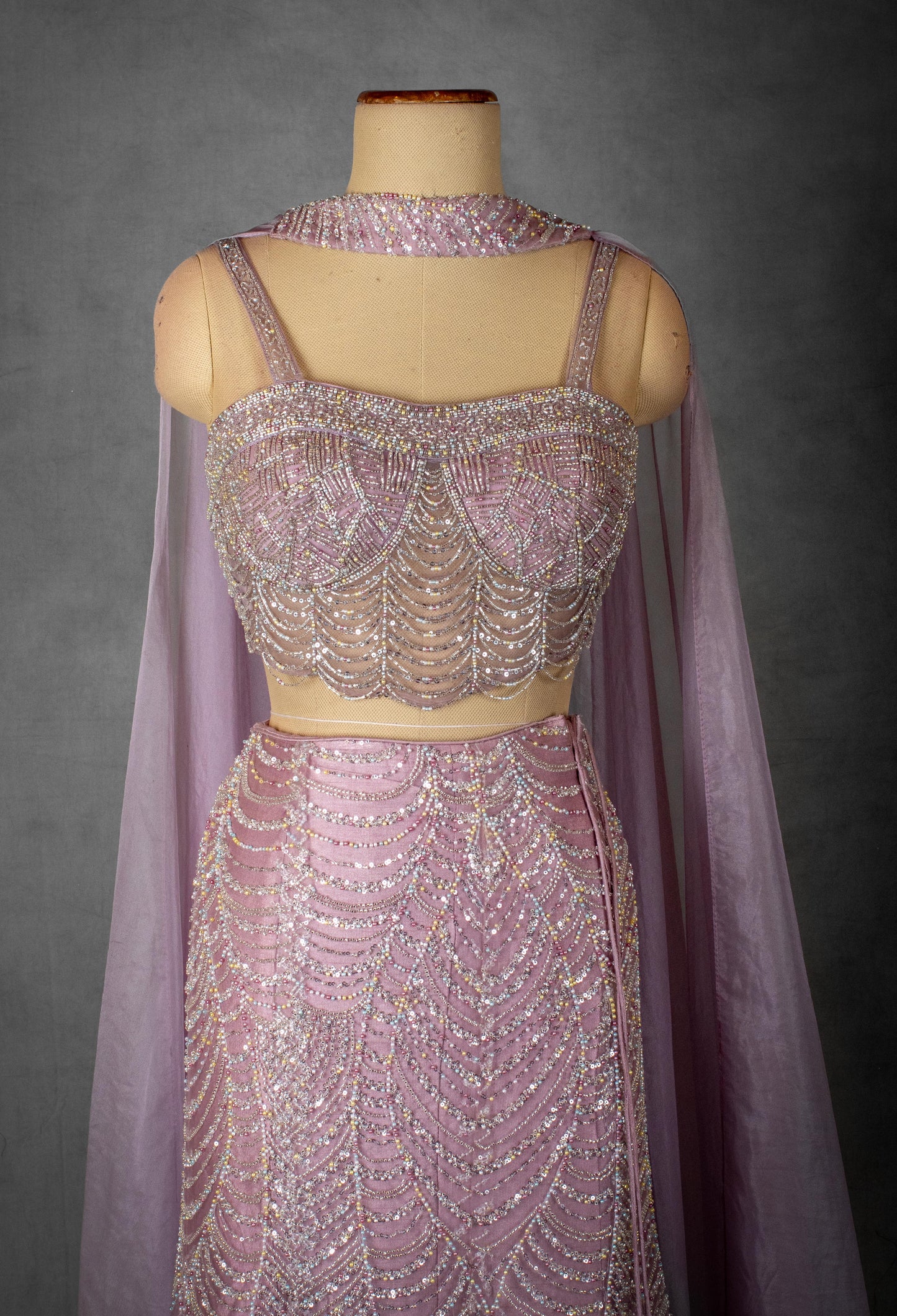 Lavender Sequin Embellished Lehenga Set with Cape Dupatta