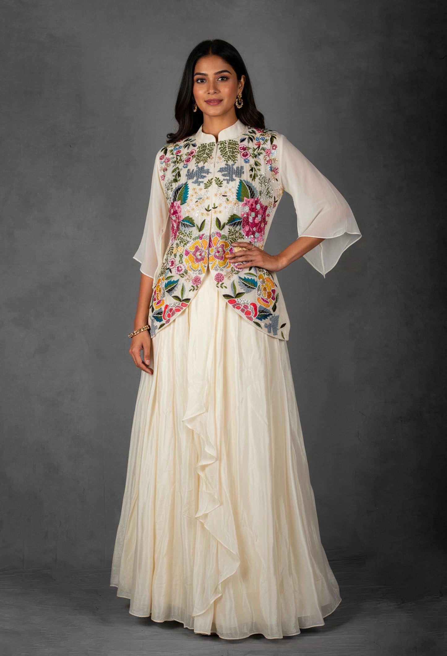 Ivory Layered Dress with Multicolor Hand-Embroidered Jacket