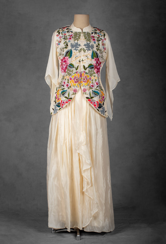Ivory Layered Dress with Multicolor Hand-Embroidered Jacket