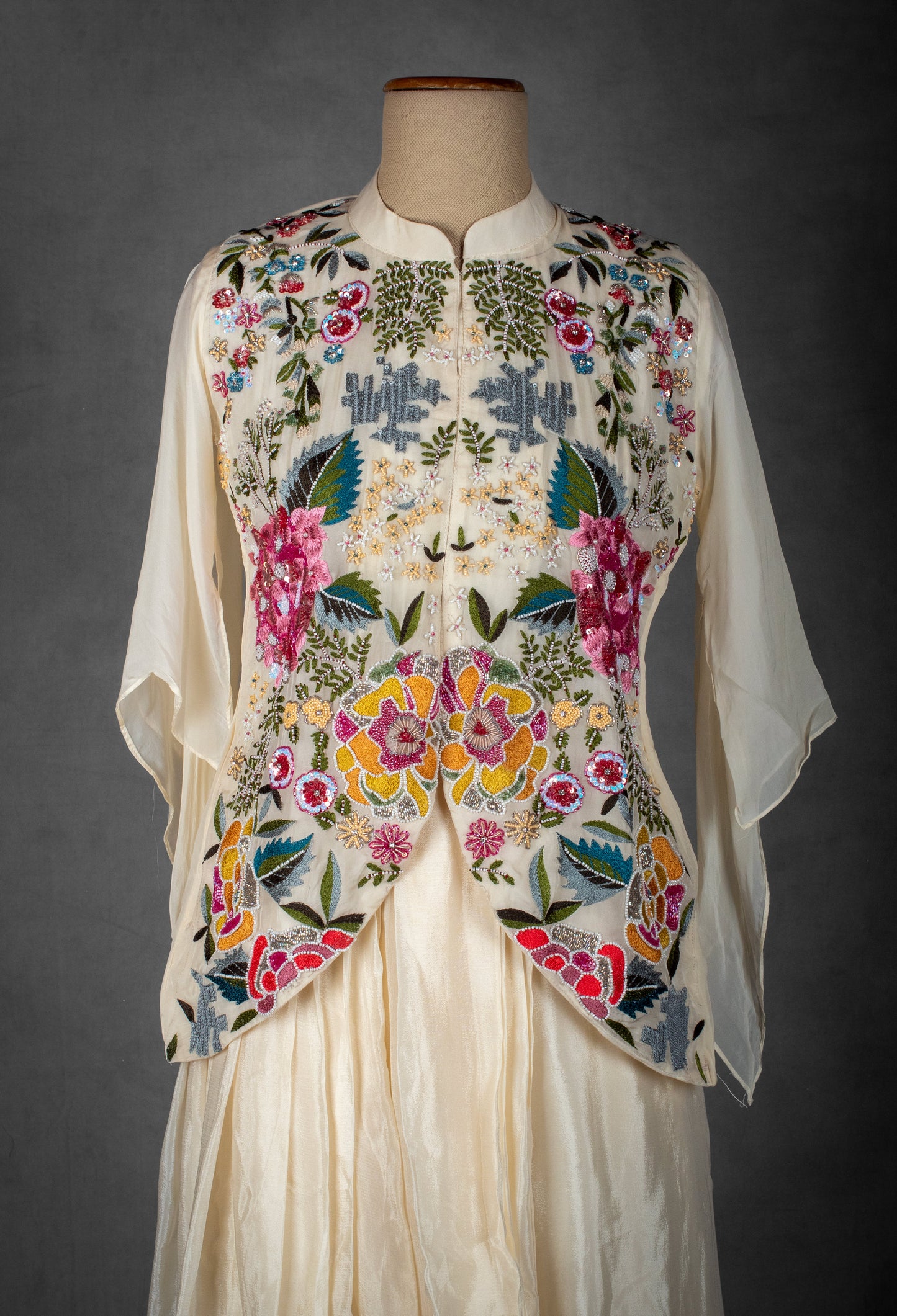 Ivory Layered Dress with Multicolor Hand-Embroidered Jacket
