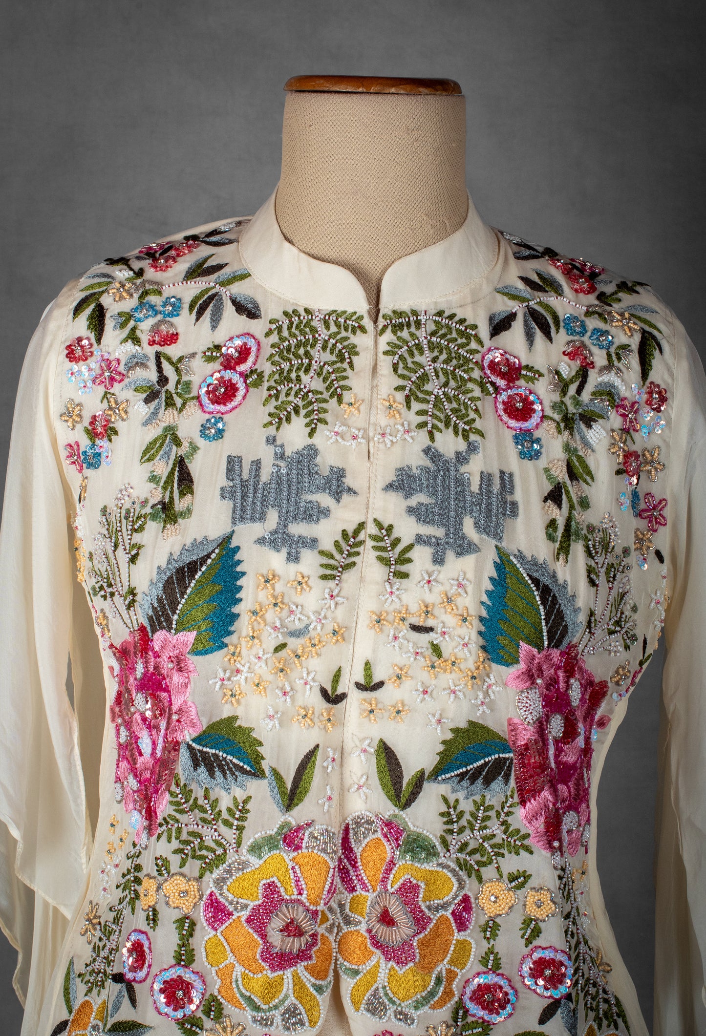 Ivory Layered Dress with Multicolor Hand-Embroidered Jacket