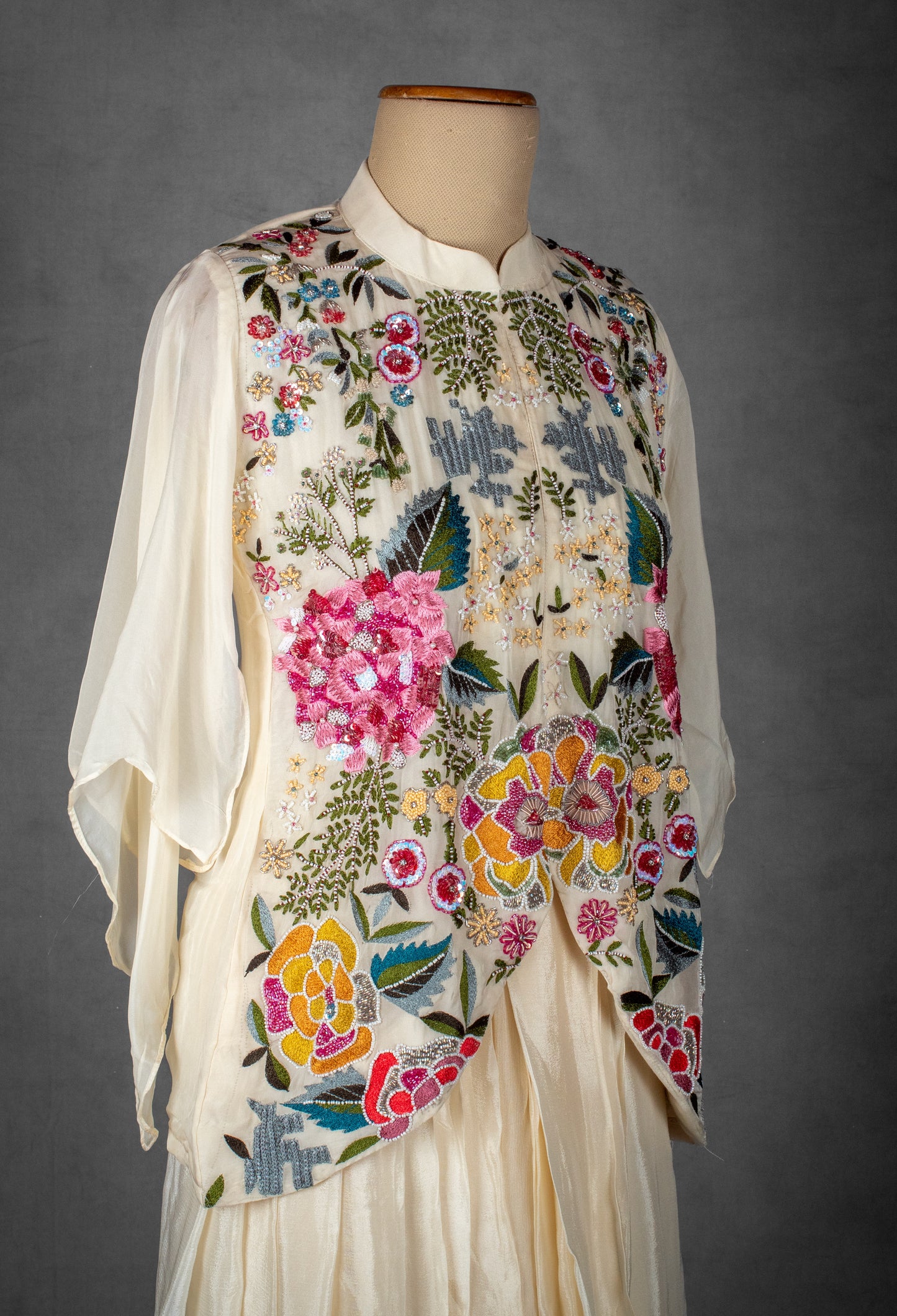 Ivory Layered Dress with Multicolor Hand-Embroidered Jacket