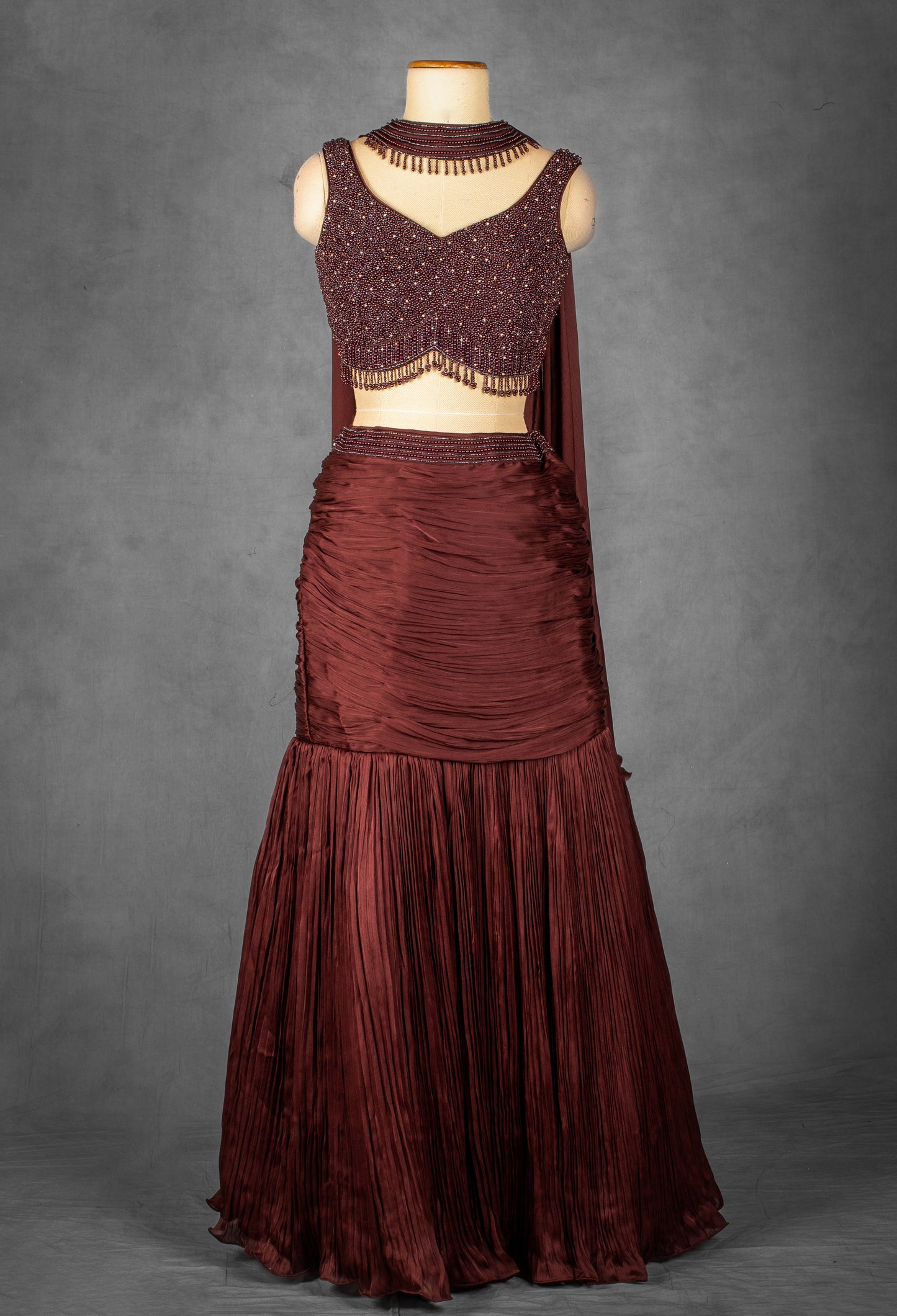 Deep Wine Ruched Lehenga Set with Hand-Embellished Blouse