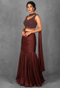 Deep Wine Ruched Lehenga Set with Hand-Embellished Blouse