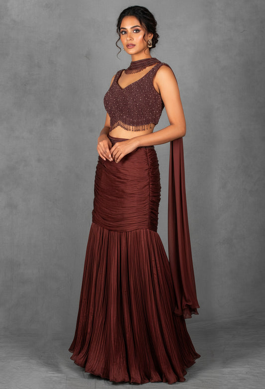 Deep Wine Ruched Lehenga Set with Hand-Embellished Blouse