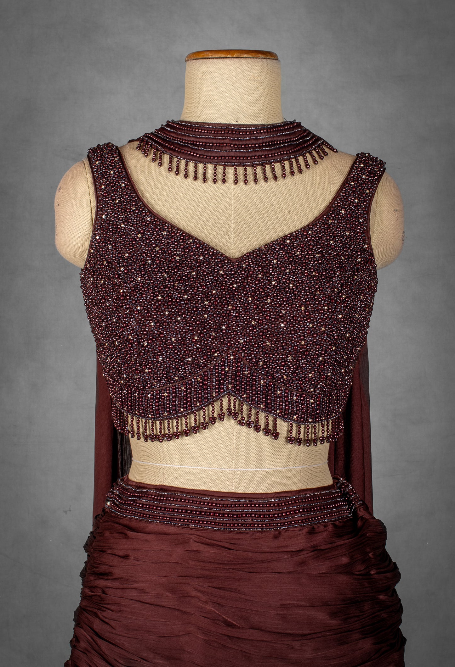 Deep Wine Ruched Lehenga Set with Hand-Embellished Blouse